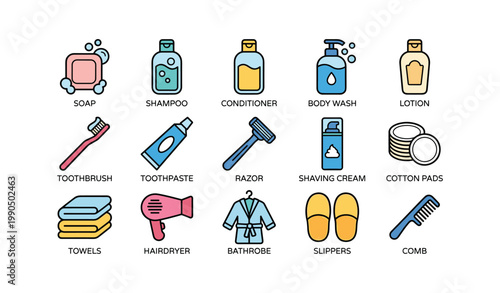 Bathroom items arranged in labeled icon grid on white background