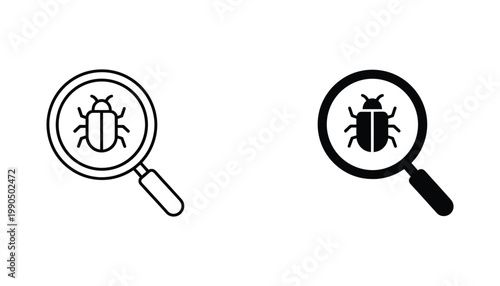 Bug inspection vector icon set with magnifying glass examining small insect in linear and solid black styles for software testing and digital debugging concepts isolated on white background