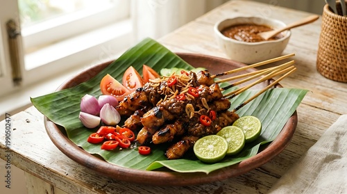 Sate Ayam Bakar Segar dengan Lainannya di atas Piring Daun Pisang untuk Makanan Tradisional Indonesia