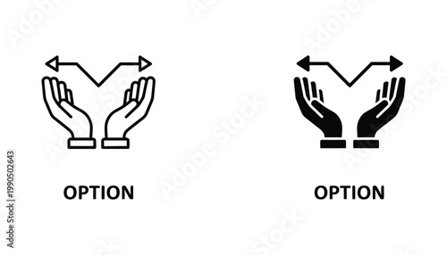 Minimalist hands holding directional choice arrows icon set for business decision making and strategic planning concepts in black and white vector graphic style