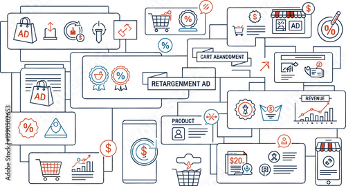 Digital Advertising and E Commerce Marketing Illustration Featuring Retargeting Ads, Cart Abandonment Strategy, Online Shopping, Revenue Growth, and Performance Analytics Workflow