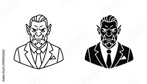 Evil orc businessman portrait icon with sharp teeth and formal suit in a stylized vector graphic for fantasy gaming or corporate parody character design projects featuring bold lines