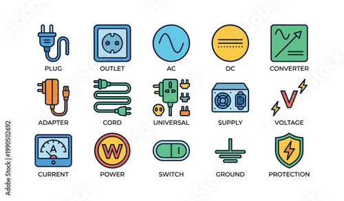 Power icons showing electrical connectors and components on white