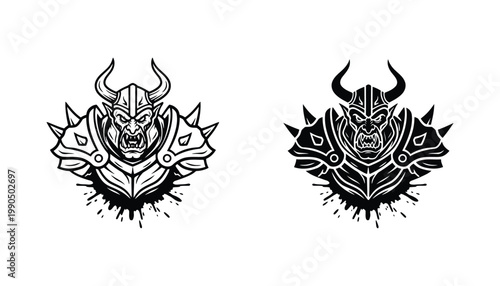 Orc warrior with horned helmet and spiked armor in a detailed vector illustration for fantasy gaming characters and aggressive brand emblems featuring sharp lines and high contrast