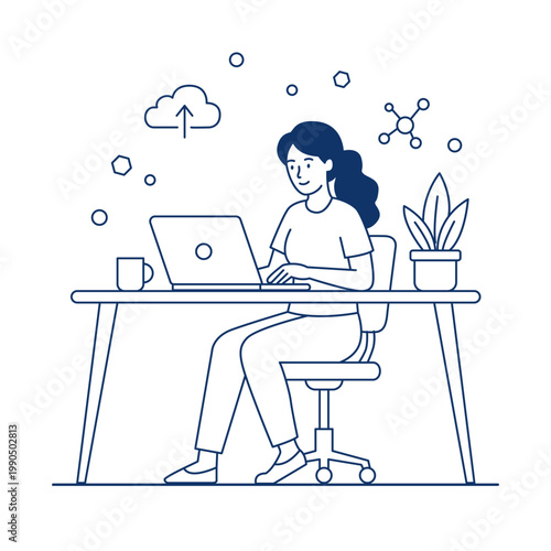 Modern flat line illustration of a young woman working on a laptop at a desk. Remote work, freelance, and home office concept with cloud computing icons. Minimalist vector art