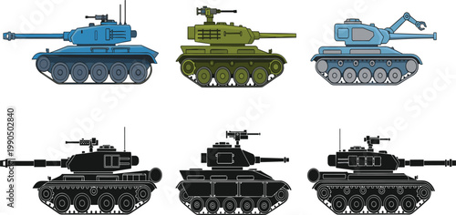 Photos Military Tank Collection with Colored and Silhouette Armored Vehicles, Detailed Combat Machines for Defense Concepts, Warfare Themes and Tactical Vector Illustration