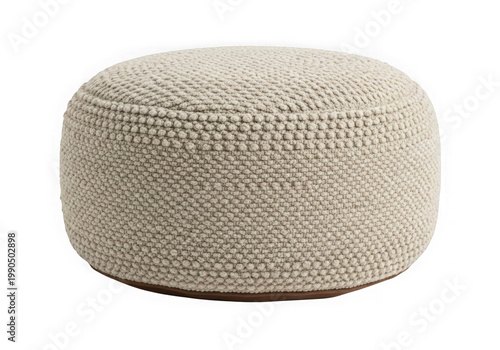 A beige pouf with a textured fabric cover isolated on transparent background