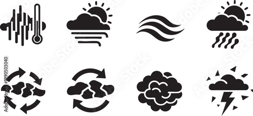 Weather forecasting and environmental climate dynamics silhouette icon set