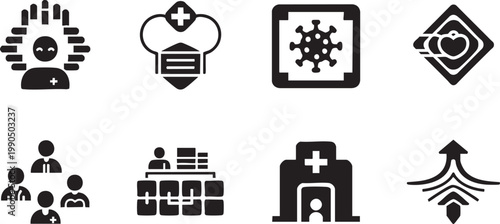 Healthcare service and medical safety silhouette icon set