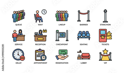 Waiting and queue icons set showing reception and seating symbols