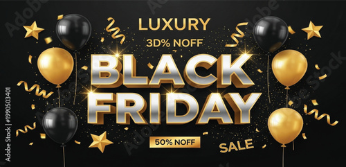 Luxury Black Friday Sale Banner with Golden Balloons Stars Confetti Fifty Percent Discount and Premium Shopping Promotion Background