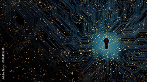 Dark circuit board with keyhole emitting light and floating particles