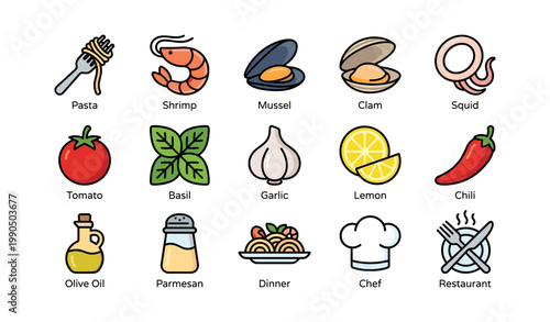 Pasta and ingredients icons arranged in grid on white background