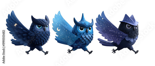 Three whimsical owls with starry plumage walking together in a fantasy night setting
