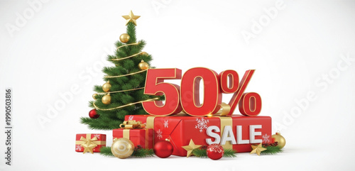 Christmas Fifty Percent Sale Promotion with Gift Boxes Decorated Tree Red Discount Sign Holiday Ornaments and Seasonal Shopping Banner