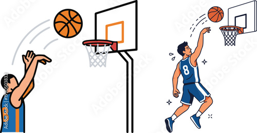 Vector illustration of basketball players shooting and dunking, showcasing different scoring actions in a dynamic cartoon style.