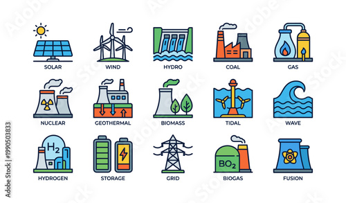 Energy icons showing renewable and nonrenewable power sources