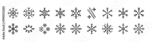 Minimalist snowflake icon set, 18 geometric winter snow crystal vectors, black line art snowflakes for Christmas holiday branding and seasonal decor