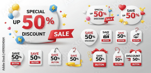 Discount Sale Label Collection with Fifty Percent Off Tags Buttons Stickers Badges Promotional Coupon Elements for Shopping Campaign Design
