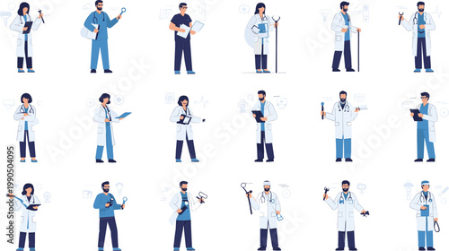 Doctors and healthcare professionals characters set, medical staff with equipment and tools, hospital workers collection in flat design vector illustration