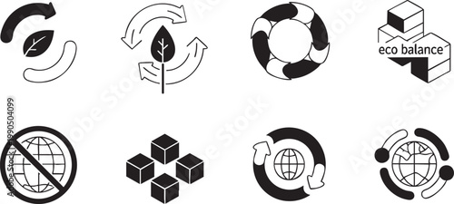 Sustainability and Global Eco Balance Silhouette Icon Set for Environmental Conservation