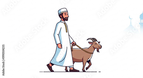 Muslim man walking a goat for sacrifice Eid al Adha concept flat vector illustration on white background