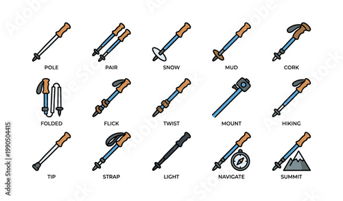 Hiking poles showing variations and functions on white grid