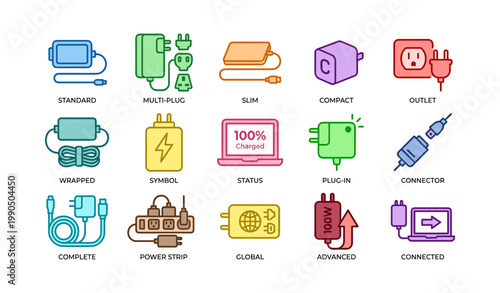 Power adapter and connector icons grouped on white background