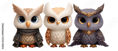 Three whimsical owls with unique designs and expressions, set against a clean background