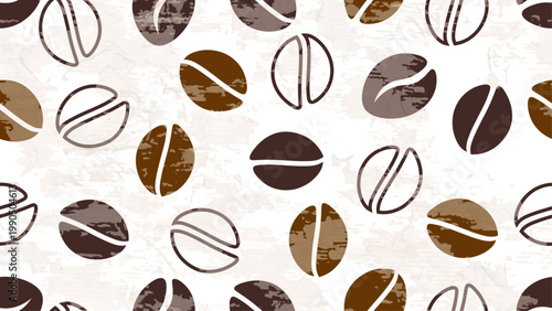 Coffee Seamless Pattern. Sketch for Food Shop, Menu, Bakery Cafe. Coffee Beans with Grunge Effect Brown and Beige Colors. Vector Art Border Background.
