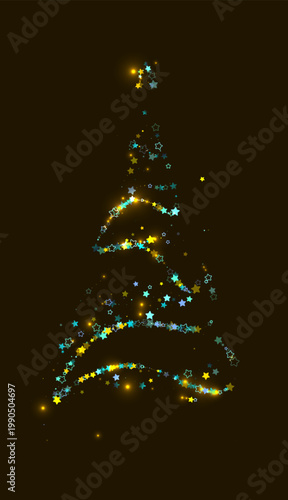 Christmas Trees. Spiral Light. Garland Black Background. Swirls Yellow, Blue Stars. Magic Shimmering Particles. Glowing Holiday Decor. Merry Christmas and Happy New Year Vector Background.