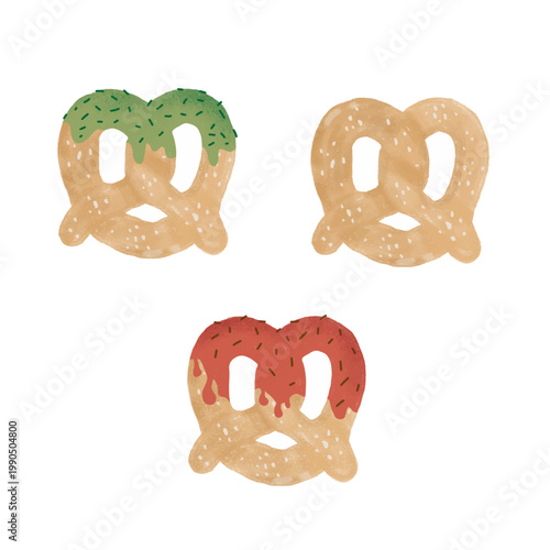 This image presents a charming collection of three hand-drawn pretzel illustrations, each featuring a unique color and topping style.