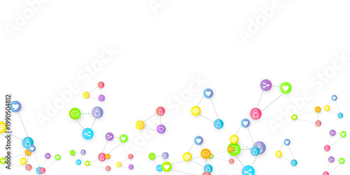 Social media marketing, Communication networking concept. Random icons social media services tags linked on white background. Comment, friend, like, share, target, message. Vector Internet concept.