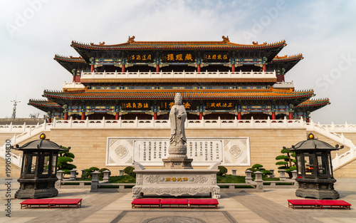 A symmetrical wide-angle shot of the Mahavira Treasure Palace at Dabei Monastery in Tianjin