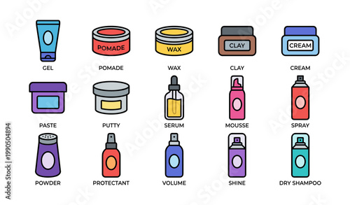Hair product icons showing jars sprays and styling containers