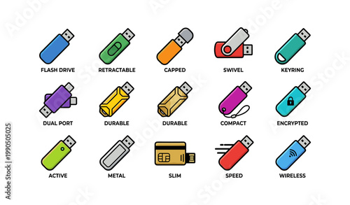 Usb flash drive icons arranged in grid on white background