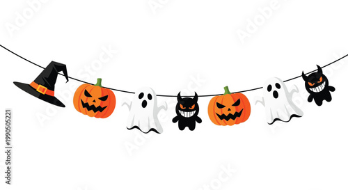 Cute Halloween Bunting Vector Illustration, Hanging Spooky Ornaments with Jack O Lantern and Ghost