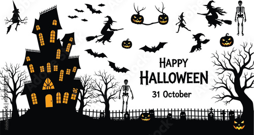 Spooky Halloween Icon Collection with Black Silhouettes and Spooky Design Elements