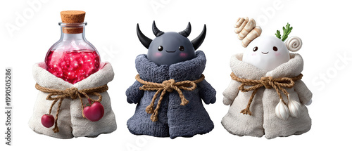 Three whimsical plush characters in cozy robes, showcasing vibrant potion and playful expressions