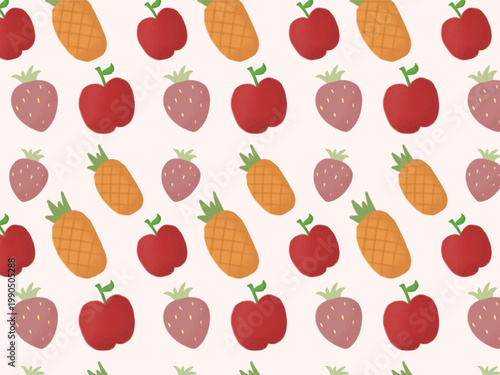 This image displays a charming and vibrant seamless pattern featuring a variety of popular fruits. 