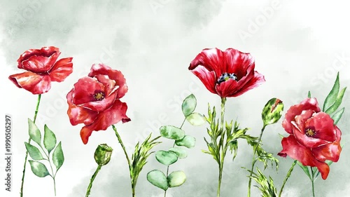 Watercolor animation of red poppies growing, blooming and gently swaying in the wind on a soft pastel background. Elegant floral motion, botanical illustration, romantic nature scene for design decor