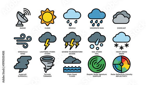 Weather symbols representing multiple conditions on white background