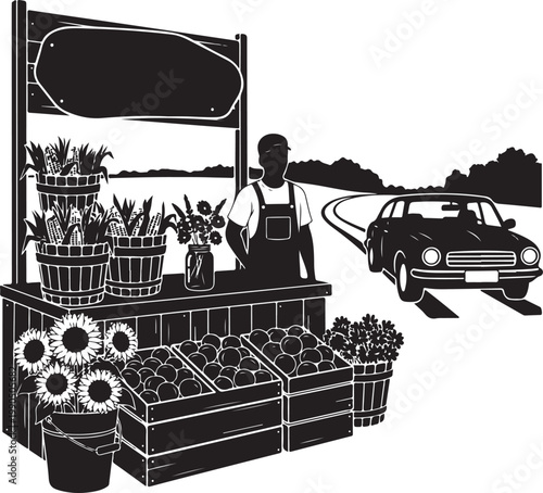 Silhouette of a man selling plants at a roadside stand, Generative Ai