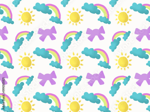 This image features a whimsical and vibrant seamless pattern set against a clean white background. 