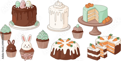Easter Dessert Illustration Set Featuring Cakes, Cupcakes, Bunny Treats, Carrot Decorations, and Spring Holiday Sweets for Bakery Menu and Festive Design