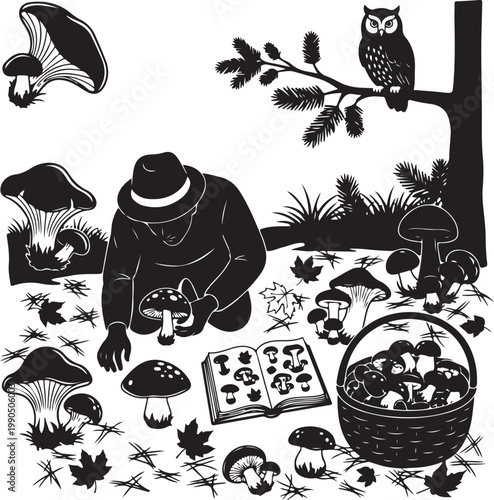 Silhouette of a person foraging for mushrooms in a forest with an owl, Generative Ai