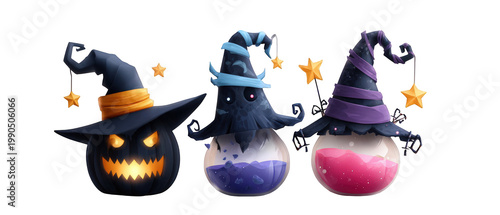 Three whimsical potion bottles with Halloween-themed hats, set against a magical background