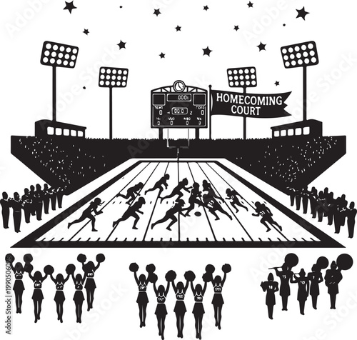 American football stadium silhouette with cheerleaders and players, Generative Ai