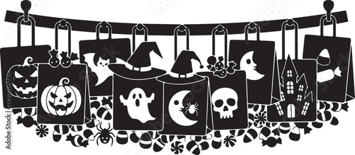 Halloween silhouette banner with various spooky decorations and silhouette, Generative Ai