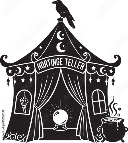 Silhouette of a mystical fortune teller tent with a crow and crystal ball, Generative Ai